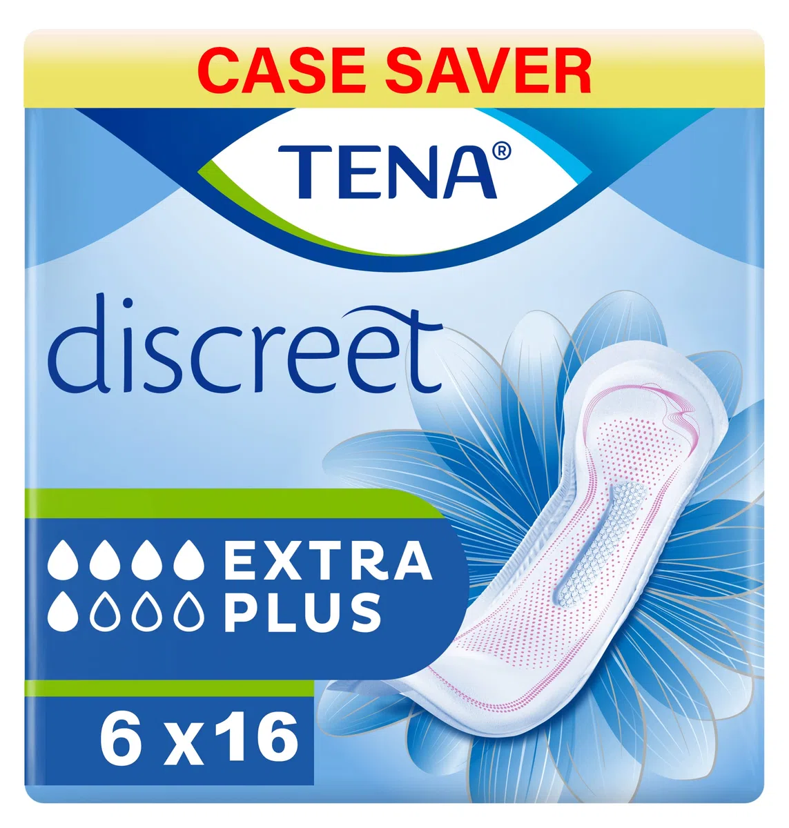 TENA Lady Discreet Extra Plus, 96 almohadillas de incontinencia (16 x 6 paquetes) envasadas individualmente para mujeres con debilidad de la vejiga medio-pesada, incontinencia y pérdidas