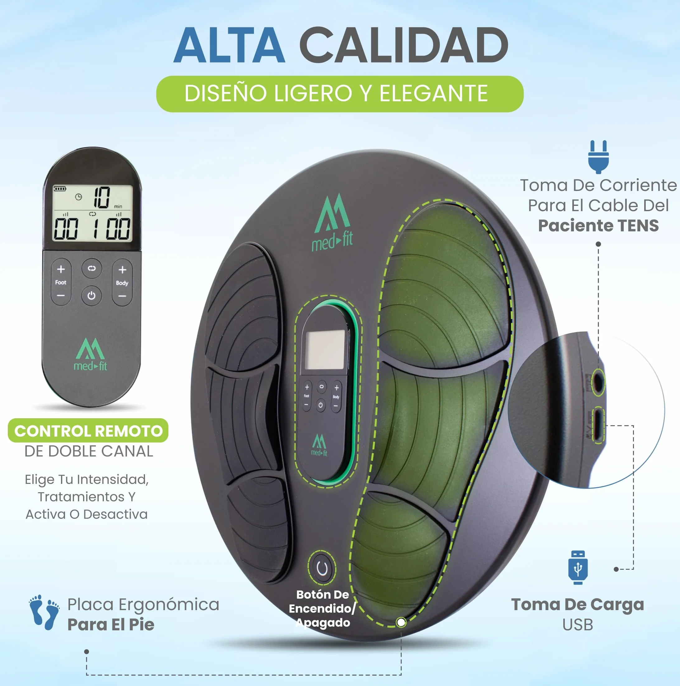 Med-Fit Medi-Boost EMS y TENS Máquina de circulación para pies 18 programas mando a distancia de doble canal