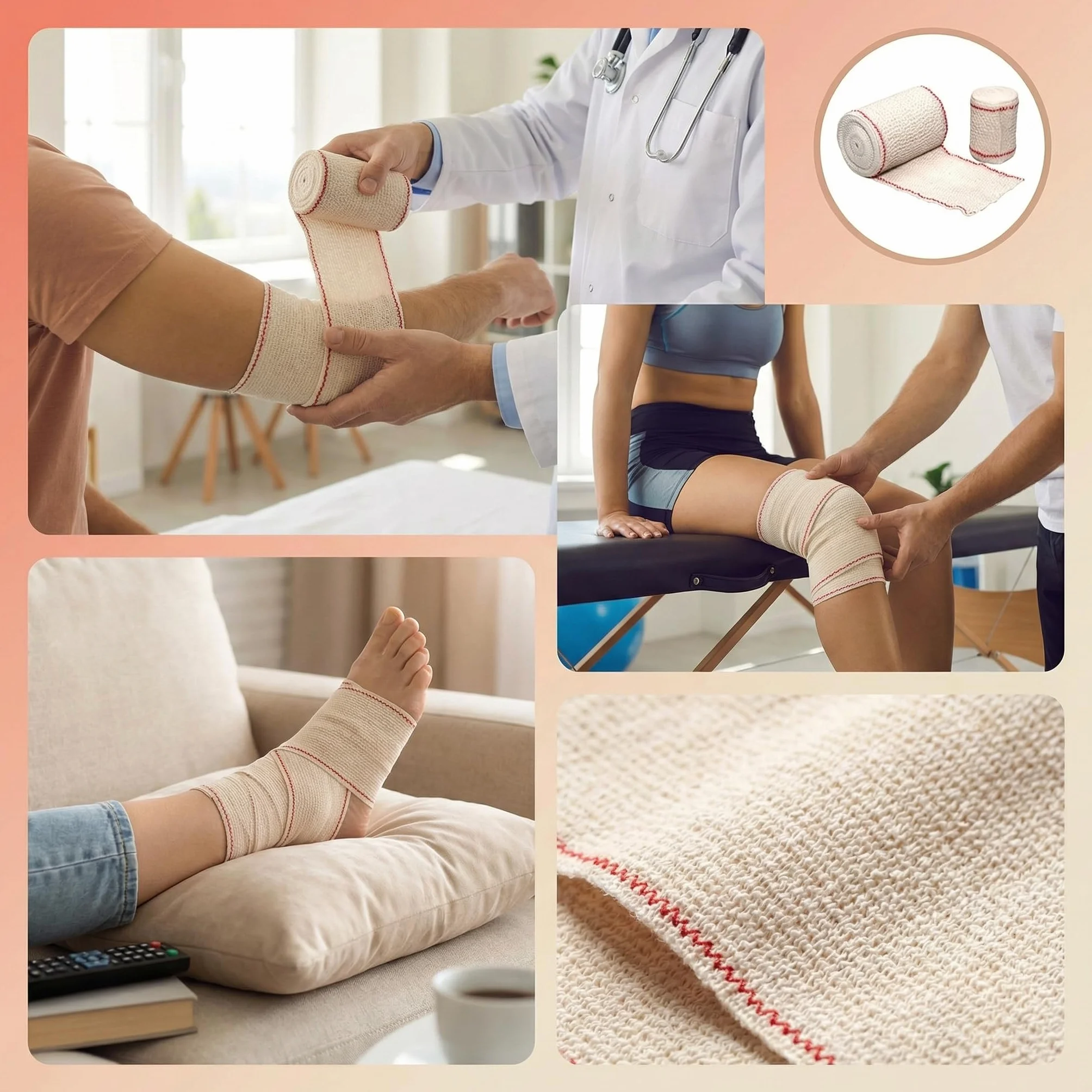 KMINA Venda de Crepe Elastica (60 unidades) Algodon Transpirable, Lavable y Reutilizable, 10 cm x 10 m Blanca