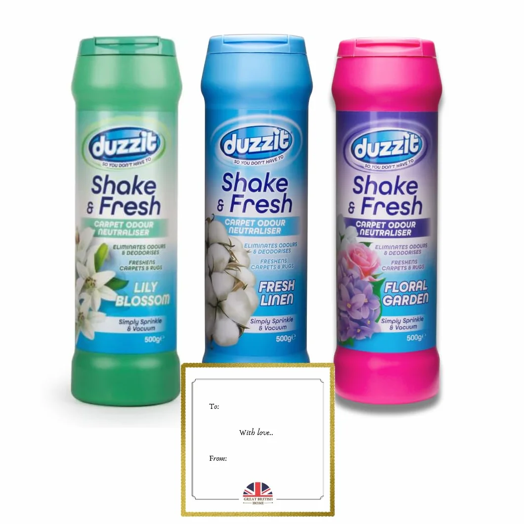 Shake & Fresh - Ambientador y neutralizador de olores para alfombras, juego de 3 aromas surtidos (lino fresco, flor de lirio, jardín floral), 500 g cada uno, desodorante en polvo para alfombras Great