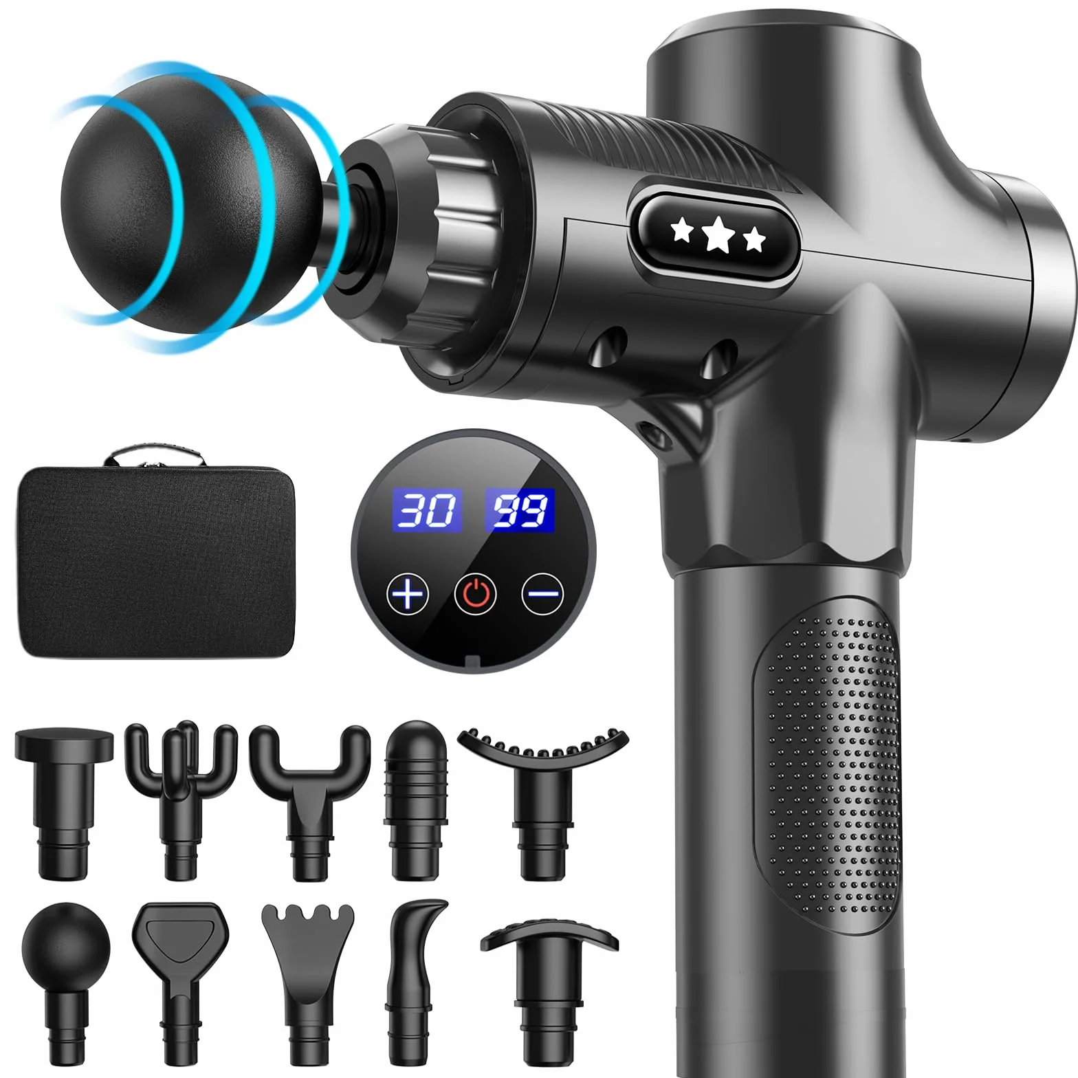 Pistola de Masaje Muscular, Pistola Masajeadora Muscular de Tejido Profundo ANSGEC con 30 Velocidades y 10 Cabezales de Masaje, Massage Gun con Pantalla LCD Táctil, para Aliviar el Dolor Muscular