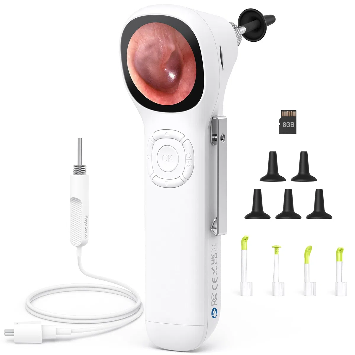 ScopeAround Otoscopio Digital con Pantalla IPS, otoscopio de Video Inteligente HD de 720p con luz, otoscopio para el oído con cámara de eliminación de Cera de oído, comprobador de oídos, Encendido y