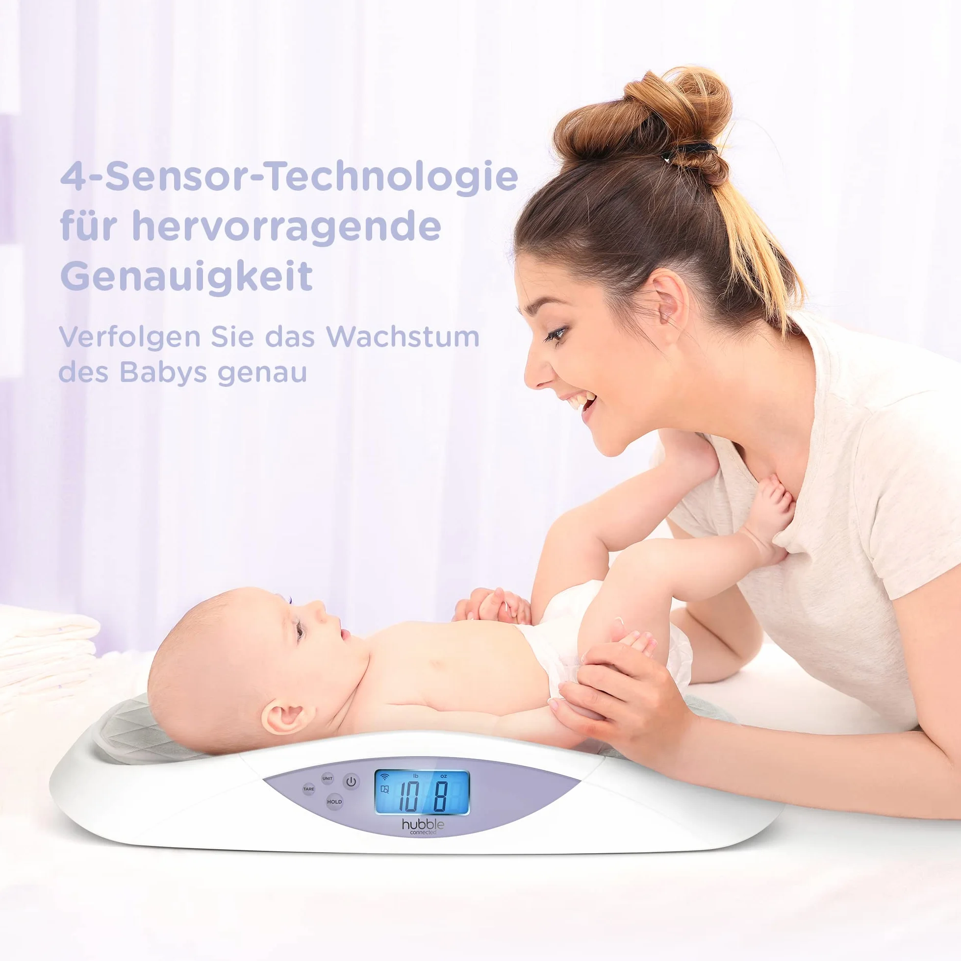 Hubble Connected Grow Báscula inteligente para bebés con Bluetooth, pantalla LCD, seguimiento de peso, cambiador suave, tara y retención, 4 sensores
