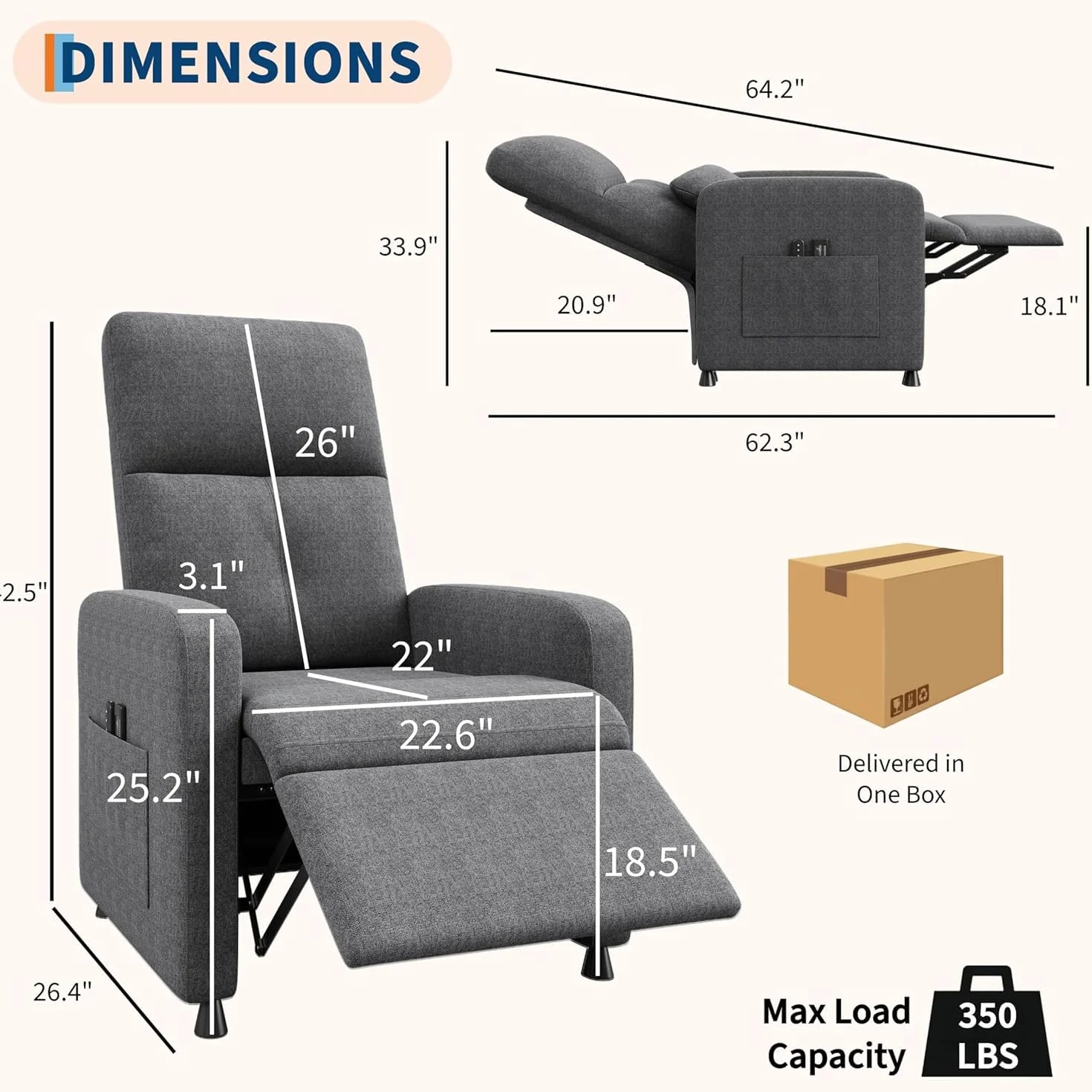 Sillón Reclinable Eléctrico con Masaje y Calor, Ergonómico con USB y Bolsillos