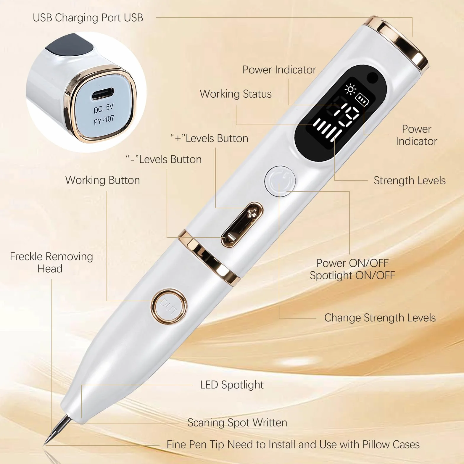 Lápiz para Eliminar Verrugas Cutáneas con Plasma 19 Niveles Intensidad Recargable USB