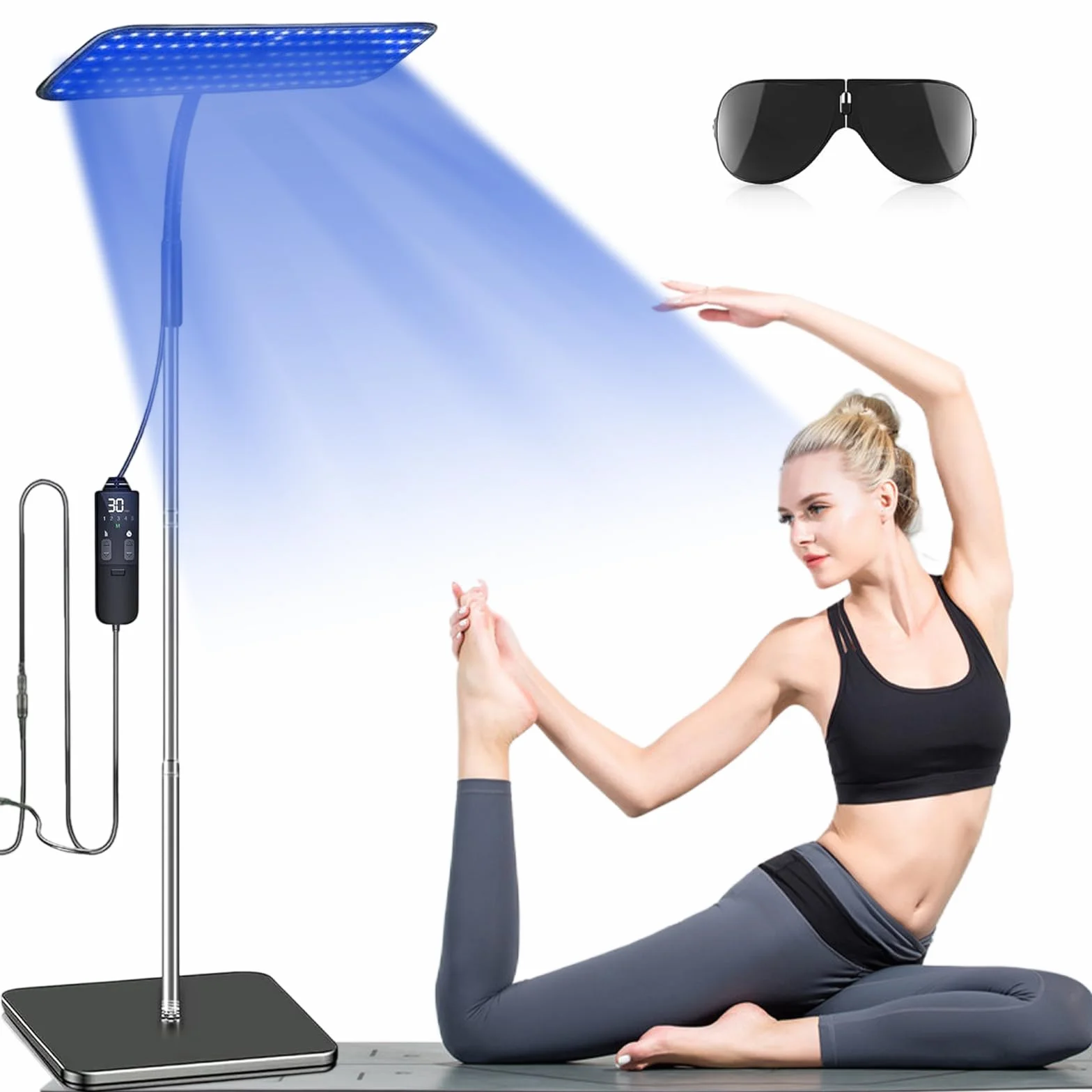 Solarium para el hogar, 50 W, lámpara de bronceado portátil con gafas de sol, lámpara de bronceado con base retráctil, 225 perlas de terapia de luz azul, 460 NM+490 NM, bronceador facial para uso