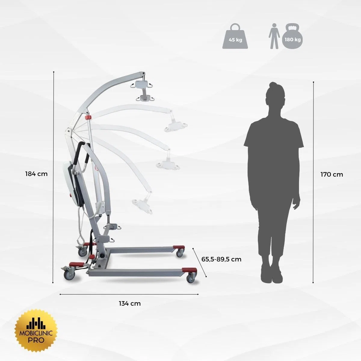 Mobiclinic®, Grúa para Personas Mayores Eléctrica, Plegable, hasta 180 kg, Estructura ya Montada, Incluye Arnés de Transferencia, Ancho Ajustable, Ruedas con Freno, Segura, Acero, Fortuna