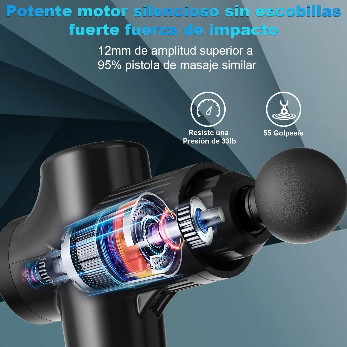 Pistola de Masaje Muscular Eléctrica 30 Velocidades 8 Cabezales Pantalla LCD Táctil Negro