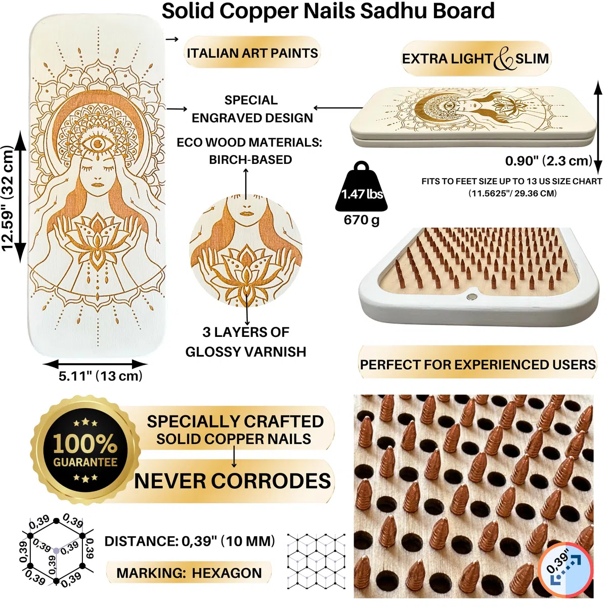 Tabla de madera para pies de Sadhu de 10 mm, para masaje de acupuntura, esterilla de acupresión, tabla de uñas, tabla de yoga, color blanco