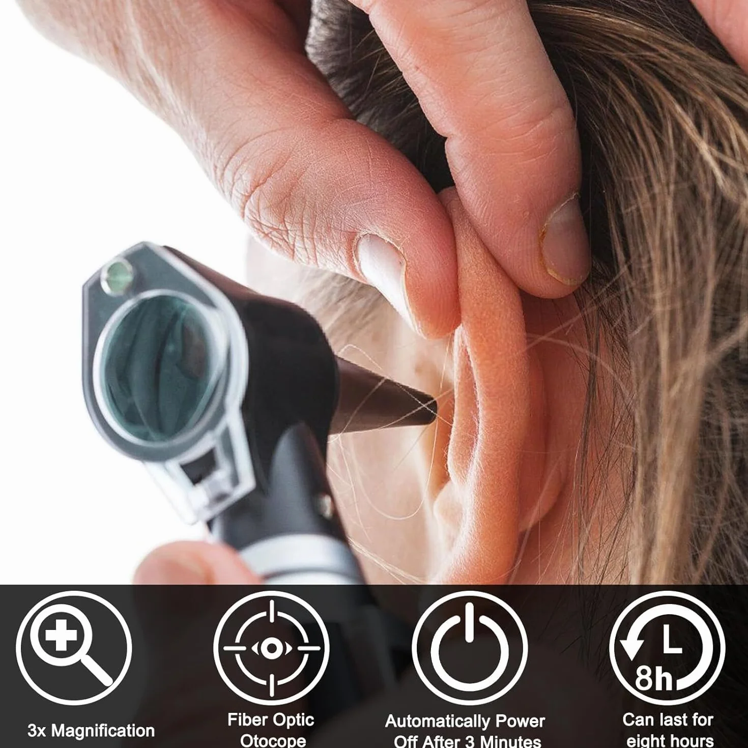 Otoscopio con luz, otoscopio con luz con aumento 3x y 4 puntas de espéculo tamaño, 8 auriculares, juego de otoscopio con cubierta de plástico duro para adultos y niños y mascotas, negro