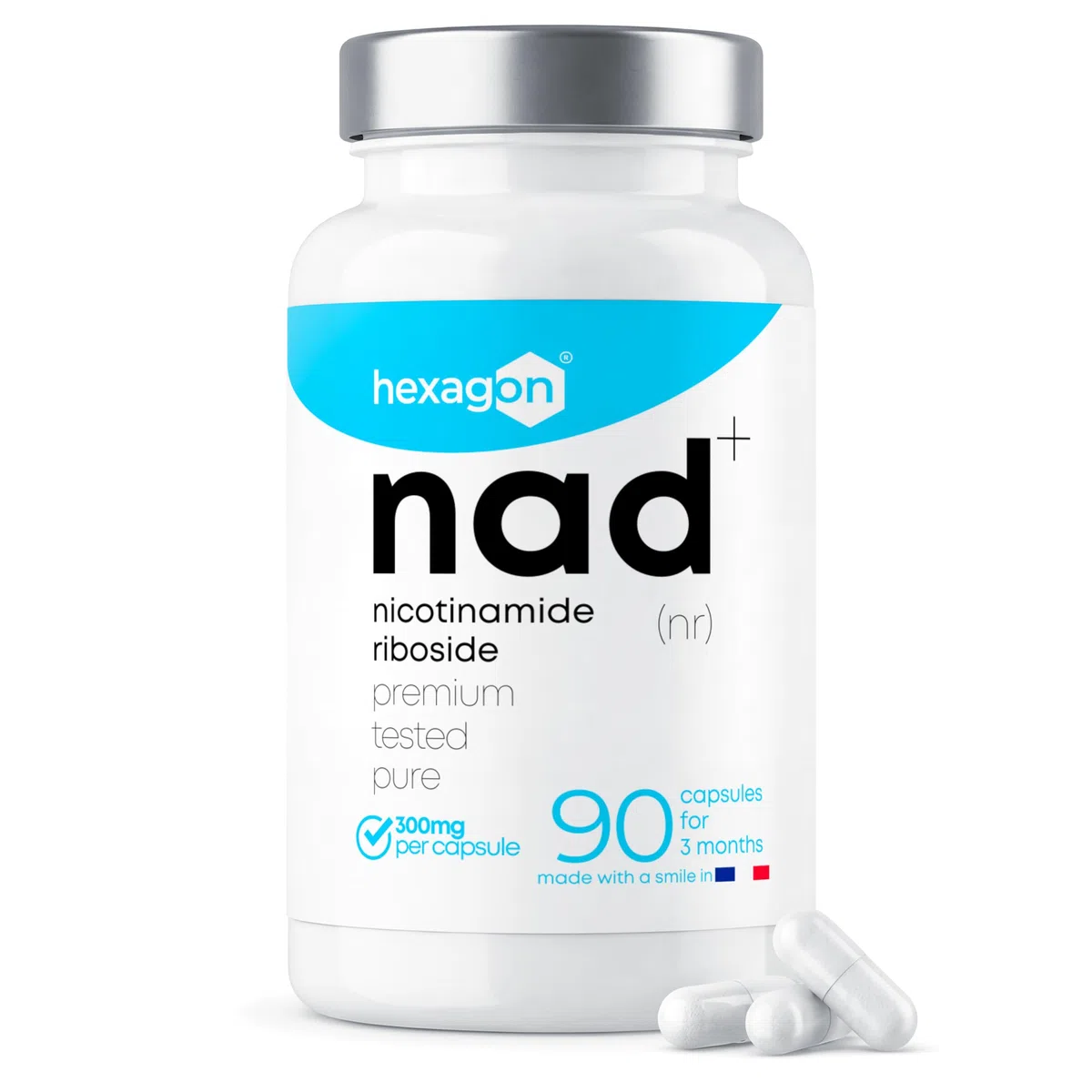NAD+ Nicotinamide Riboside Chloride 300mg - +3 Meses de Cura - Contra la Edad y la Fatiga, NAD Booster - Polvo Puro, 90 Cápsulas - Grado Farmacéutico - Vegano - Hexagon