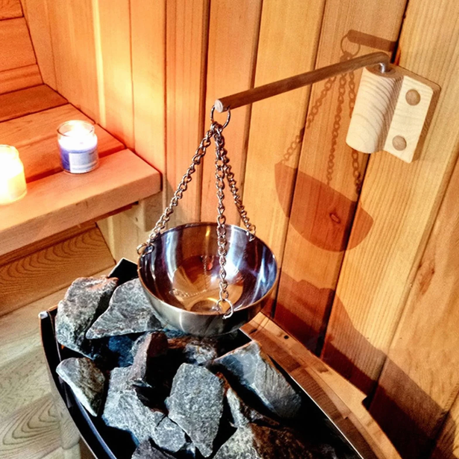 Tazón de Aroma para Sauna, Tazón de Acero Inoxidable para Aceite Esencial SPA con Placa de Madera y Tornillos, Taza para Aceite de Aromaterapia Apto para Sauna (Pequeño)