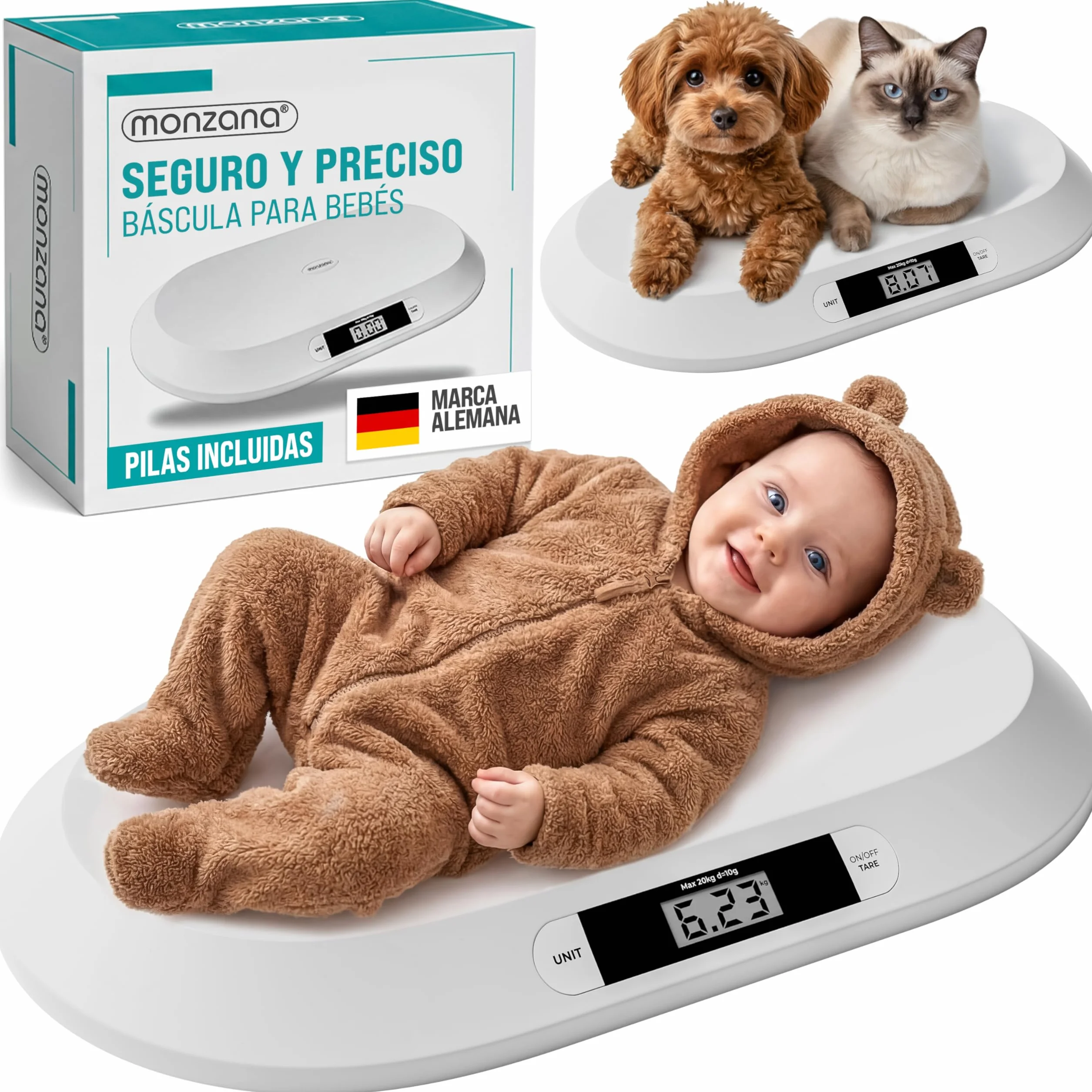 MONZANA Báscula Bebé Digital 20Kg Pantalla LED Apagado Automático Tara Retención Recién Nacidos Mascotas