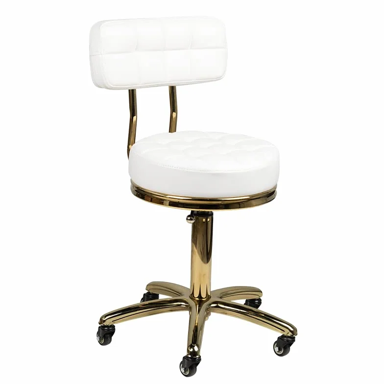 ACTIVESHOP Taburete cosmético con ruedas, altura regulable y respaldo blanco dorado AM-961