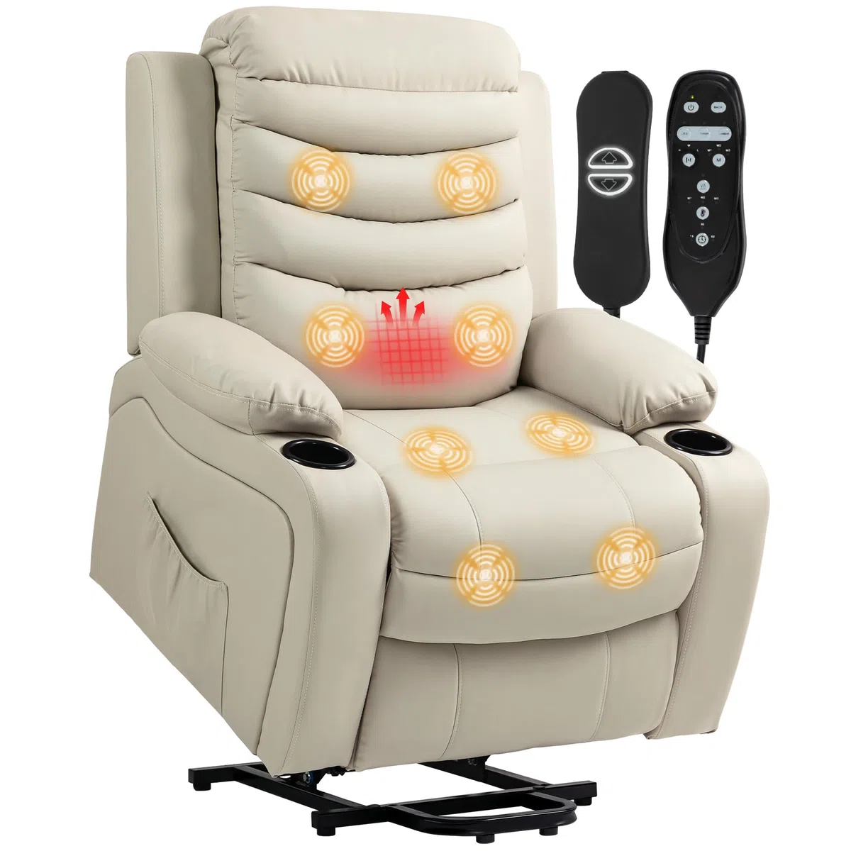 HOMCOM Sillón Relax Reclinable Eléctrico Levanta Personas, con Masaje Vibratorio y Calor, Sillón Elevador, con Puerto USB, Control Remoto, Reposapiés, Tapizado en PU, Bolsillos, Portavasos, Crema
