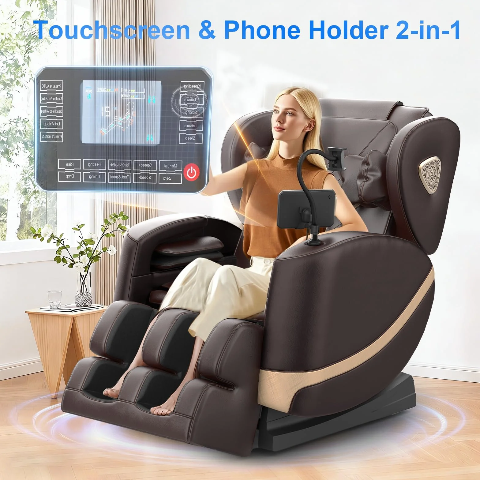 Sillón de Masaje con Gravedad Cero, 14 Ruedas, 8 Airbags, Calefacción, Bluetooth y Pantalla Táctil (Marrón)