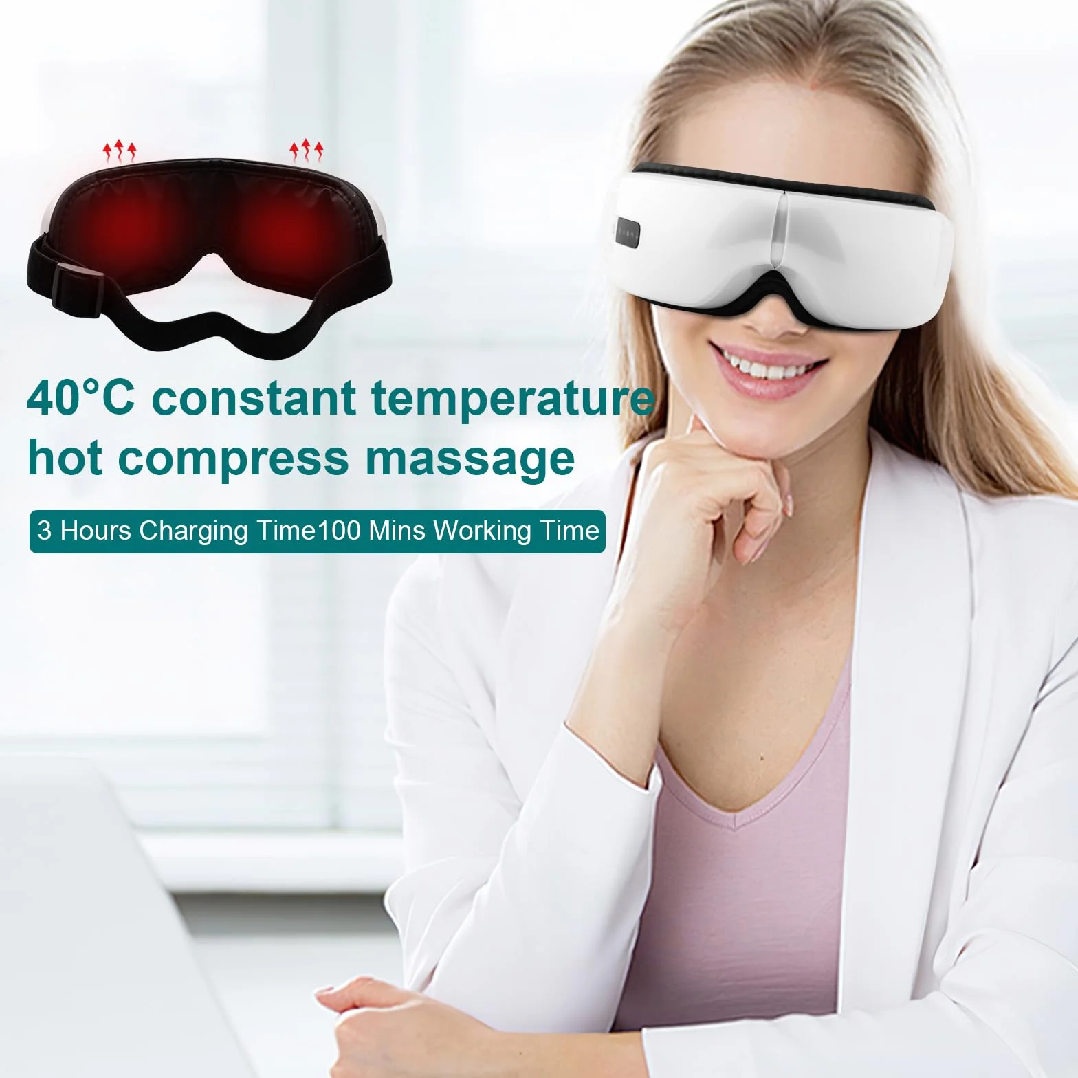 Masajeador de ojos con compresión térmica, vibración y música Bluetooth, recargable, 5 modos