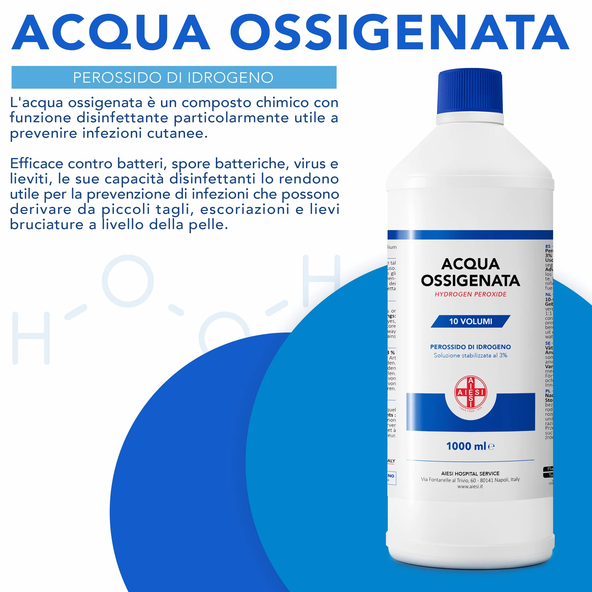 AIESI® Agua Oxigenada Ph.Eur. desinfectante (12x1000 ml) con tapa de seguridad para niños, Made in Italy