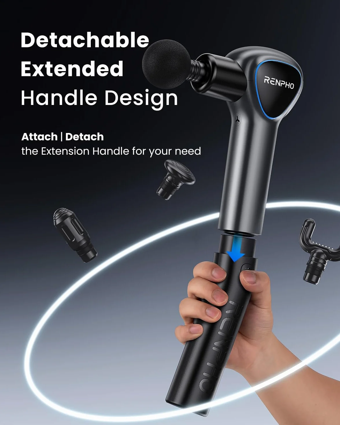 Pistola de Masaje Muscular con Mango Extensible Desmontable, Renpho Reach Pistola Masajeadora, Pistola Masaje Massage Gun Profesional with LED Screen para Muscular Relajación,Negro