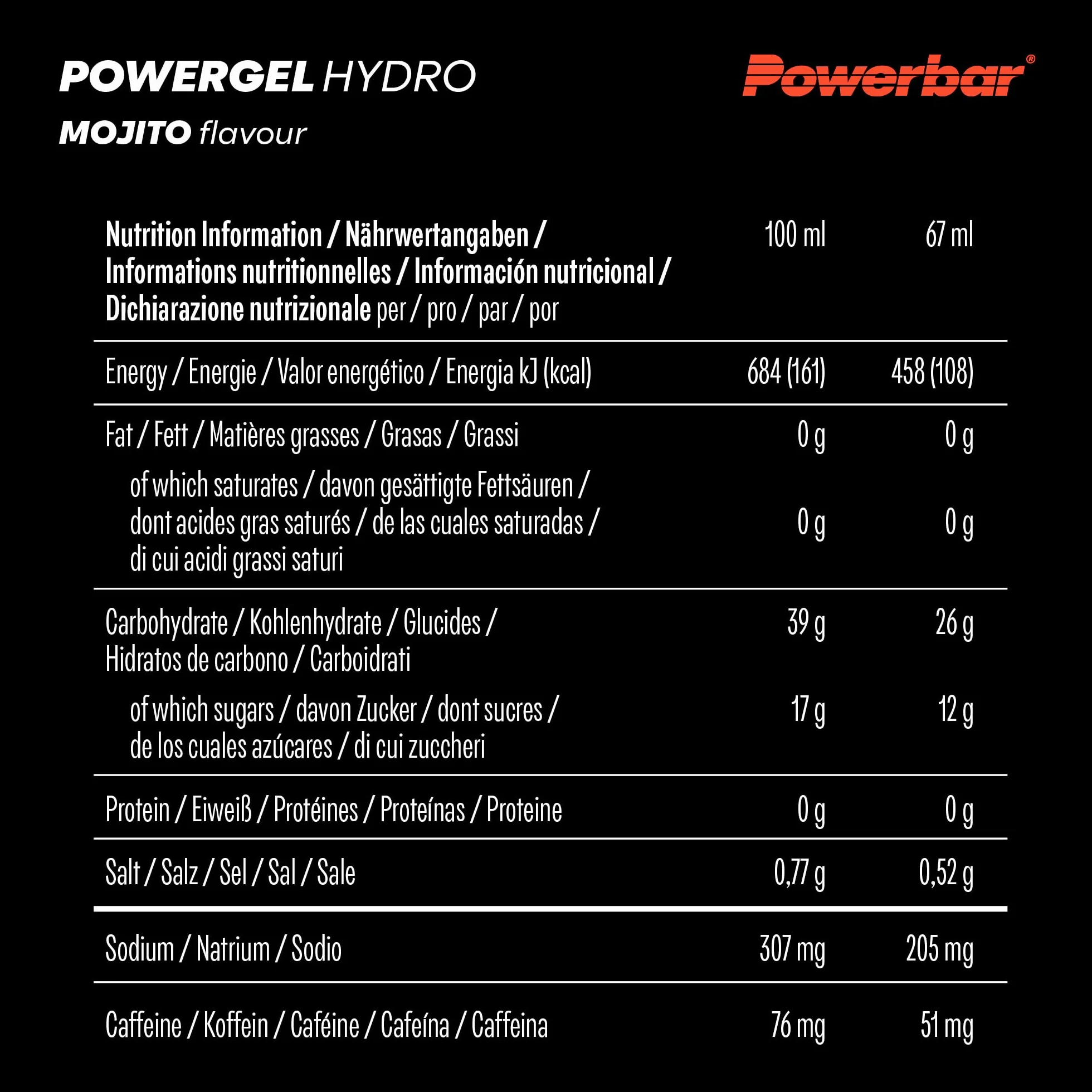 PowerGel Hydro Mojito 24x67ml Gel energético alto en carbohidratos Sodio 51mg cafeína