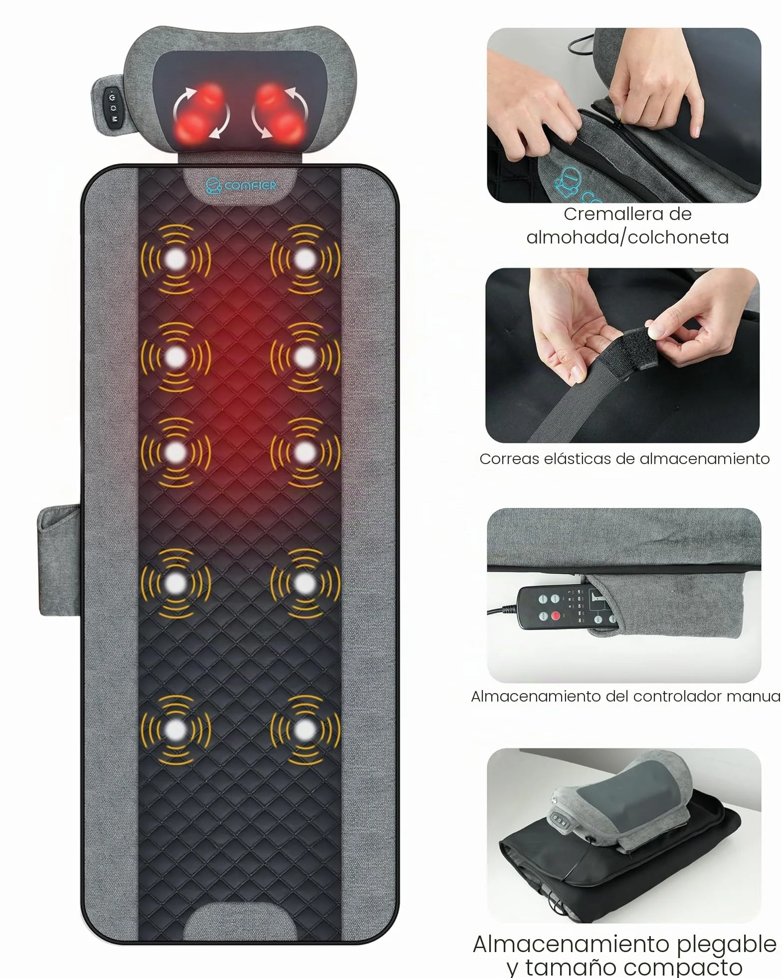 COMFIER Almohadilla de Masaje Corporal con Calor 10 Motores Shiatsu 160x56 cm