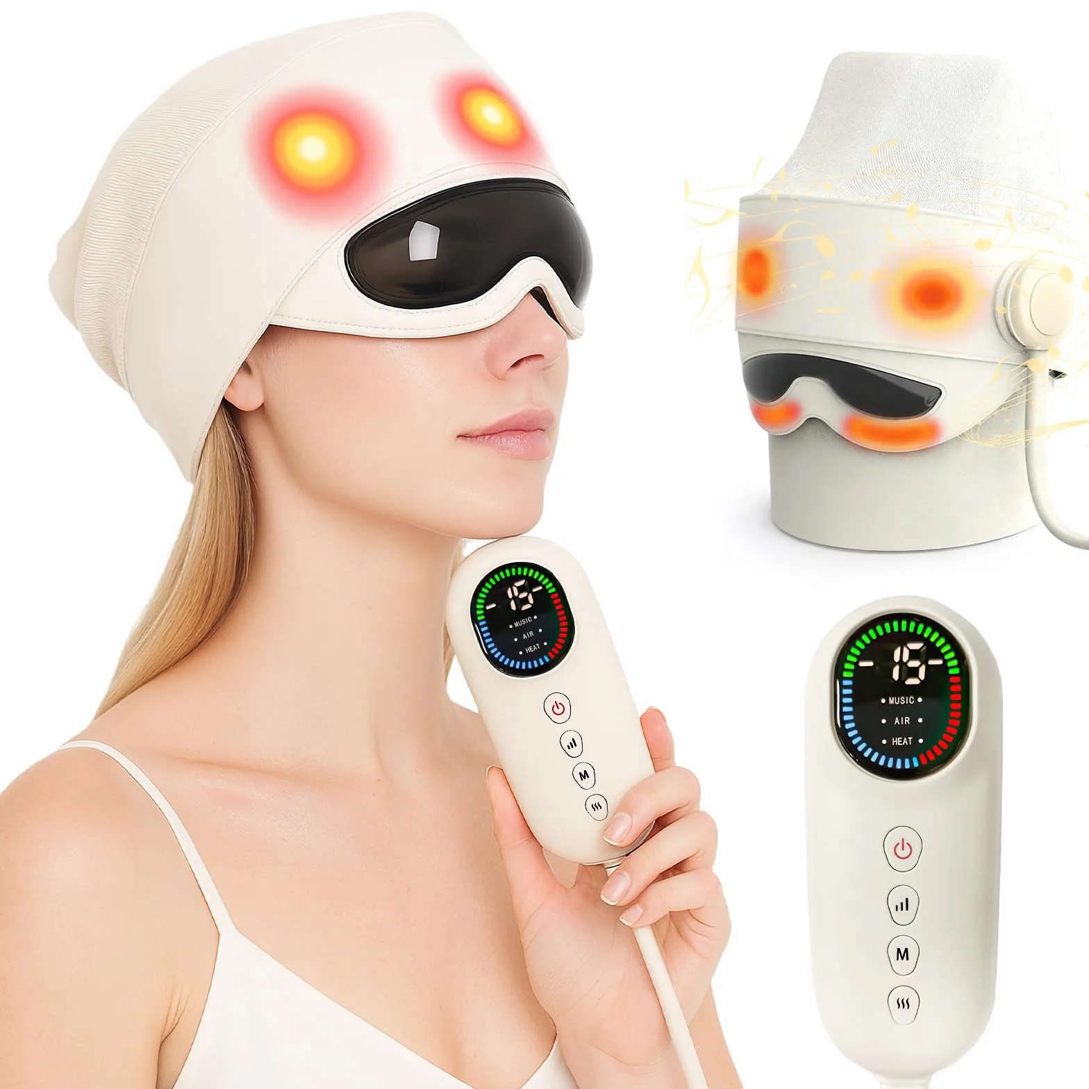 Masajeador de cabeza eléctrico 2 en 1 con cojín de aire 5 zonas, calor ocular, 4 modos de masaje y compresa térmica 3 niveles