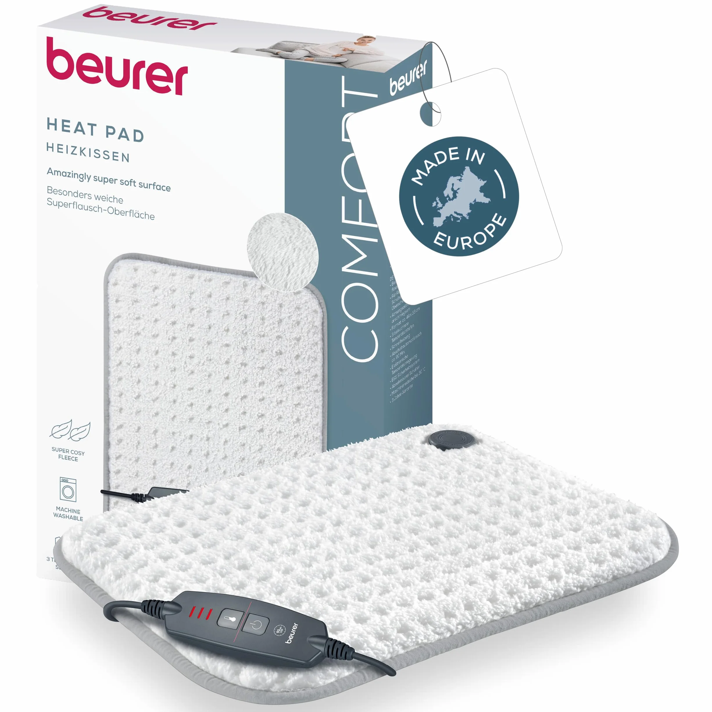 Beurer HK 43 almohadilla eléctrica, cojín térmico extra suave con apagado automático y 3 niveles de temperatura, con calentamiento rápido, lavable a máquina hasta 30 °C, blanco