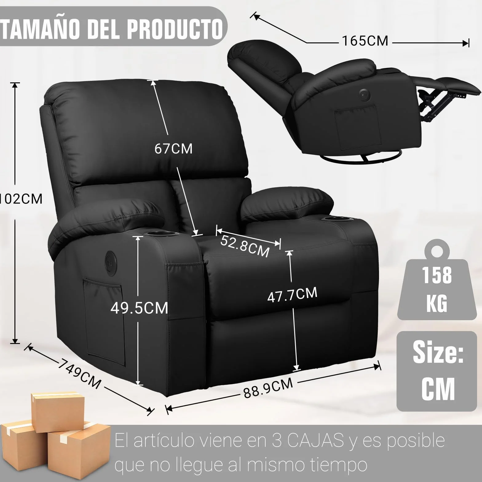 Sillón de Masaje Reclinable Rocking con Vibración y Calor, USB y Tipo C, Piel Sintética, Giratorio 360°, Negro