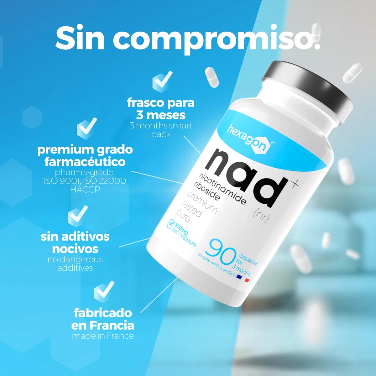 NAD+ Nicotinamide Riboside Chloride 300mg - +3 Meses de Cura - Contra la Edad y la Fatiga, NAD Booster - Polvo Puro, 90 Cápsulas - Grado Farmacéutico - Vegano - Hexagon