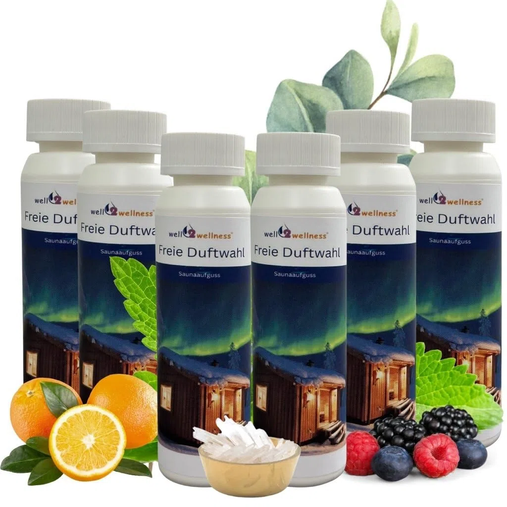 6 X 125ml Set Esencias Sauna well2wellness ® (Libre Elección de más de 180 Saunadüften) + Gratis 10g Mentol
