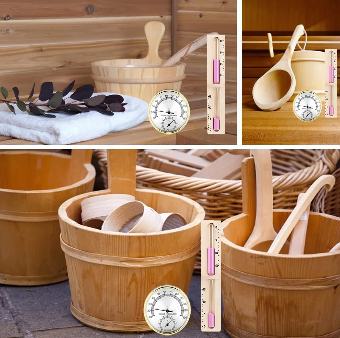 Cubo Sauna, 4 L Juego Completo Sauna Cubo Sauna con Cucharón Madera Pino Finlandés Accesorios Sauna Cubo Sauna Cubo Infusión (Cubo Sauna + Cucharón + Termómetro Higrómetro + Reloj Arena)