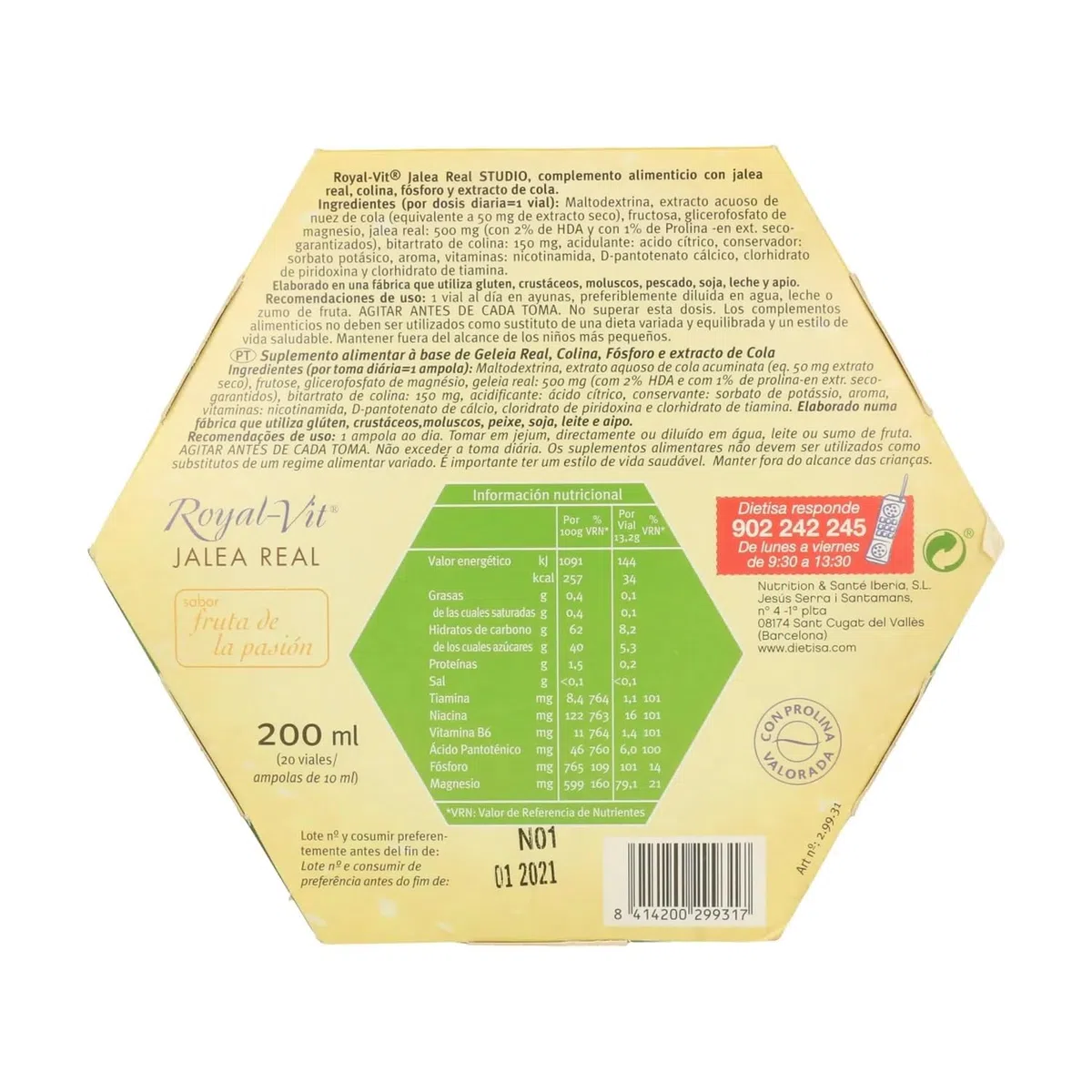 Dietisa Royal-Vit Jalea Real Studio - Pack Ahorro 2 x 20 Viales - Complemento Alimenticio con Jalea Real y Extracto de Kola - Para Concentración y Memoria