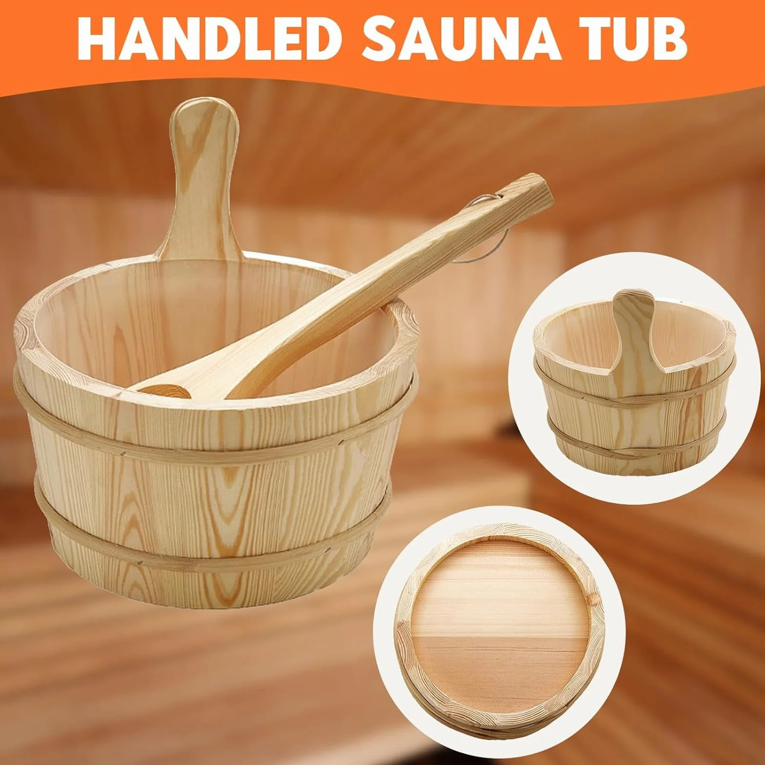 Juego de cubos para sauna (4 litros), cubo de sauna con paleta, cubo de sauna de madera con cucharón, reloj de arena, termo, higrómetro, cubo de sauna resistente al calor, 4 l, incluye inserto