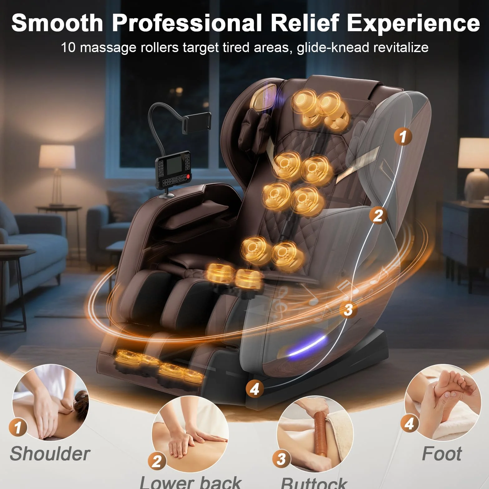 Sillón de Masaje Reclinable de Cuerpo Completo con 14 Rodillos, 8 Bolsas de Aire, Calefacción y Bluetooth