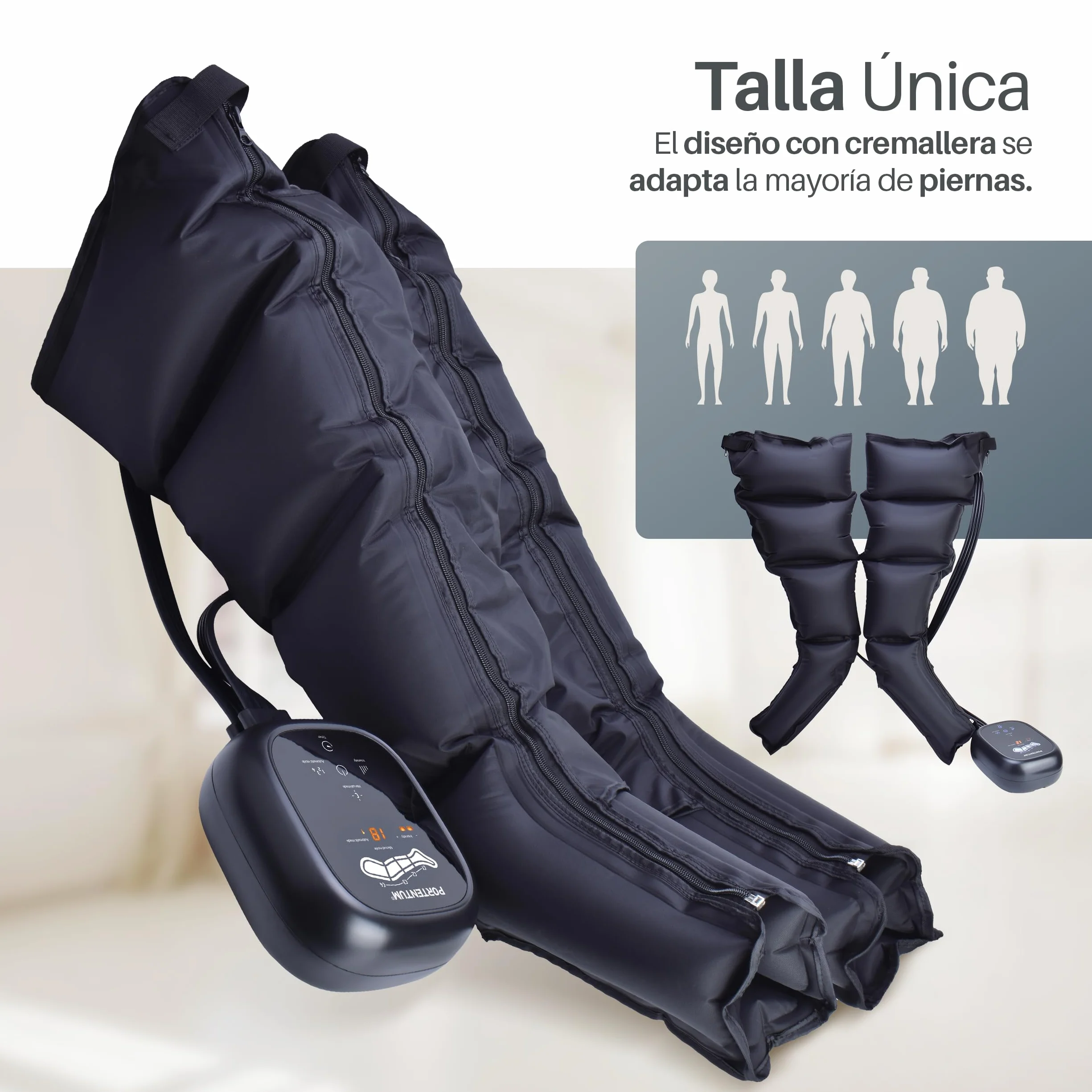 PORTENTUM Presoterapia Masajeador Piernas Abdomen 8 Modos 3 Intensidades Mando LCD USB-C Accesorios Brazo Cintura Bolsa Transporte