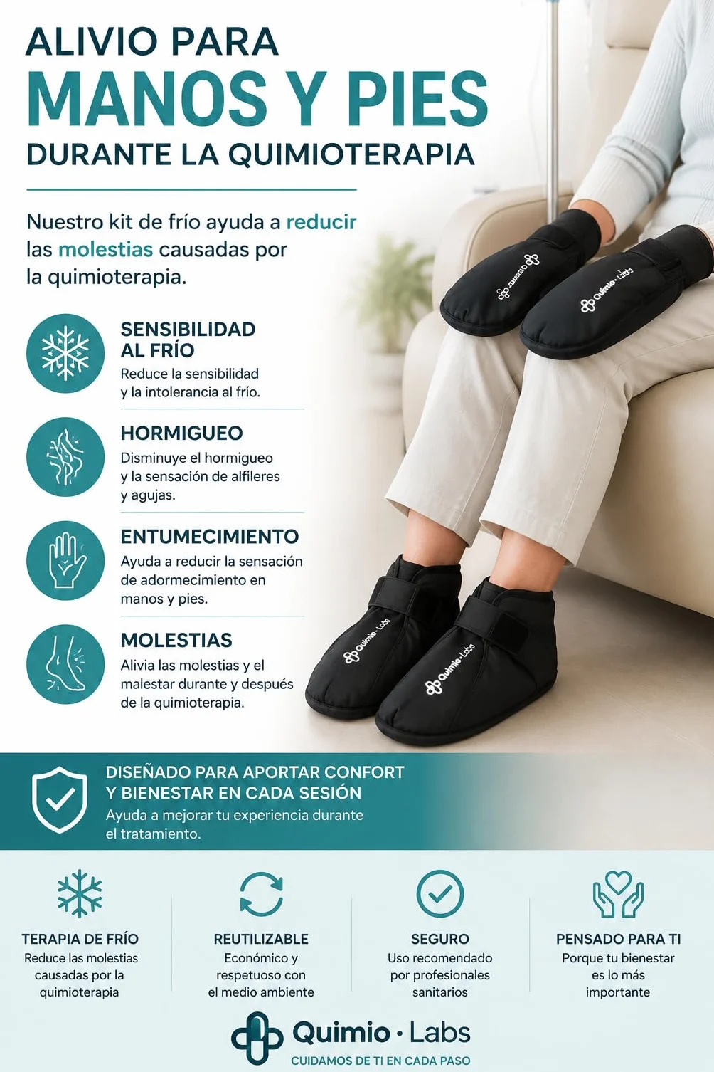 Kit Quimioterapia Guantes y Calcetines de Gel Frío para Manos y Pies | Ayuda a Reducir Molestias y Sensibilidad | Bolsa Isotérmica Incluida | Reutilizable | Negro