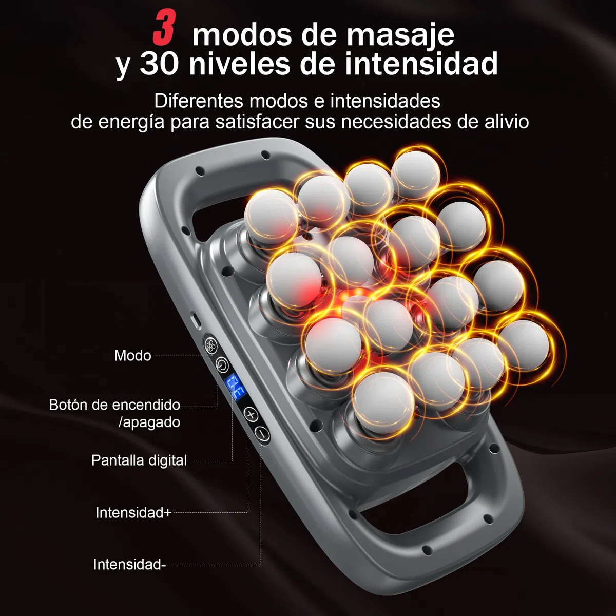 Pistola de Masaje Muscular de 16 cabezales, con 3 Modos y 30 Velocidades Ajustables, Masajeador con Luz Roja para Aliviar la Tensión Muscular y La Fatiga para Espalda, Cintura, Muslos