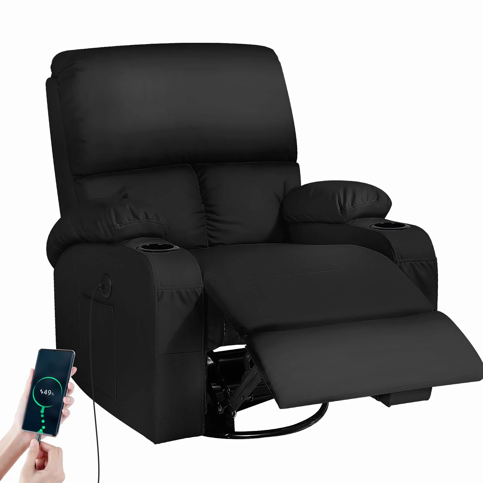 Sillón de Masaje Reclinable Rocking con Vibración y Calor, USB y Tipo C, Piel Sintética, Giratorio 360°, Negro