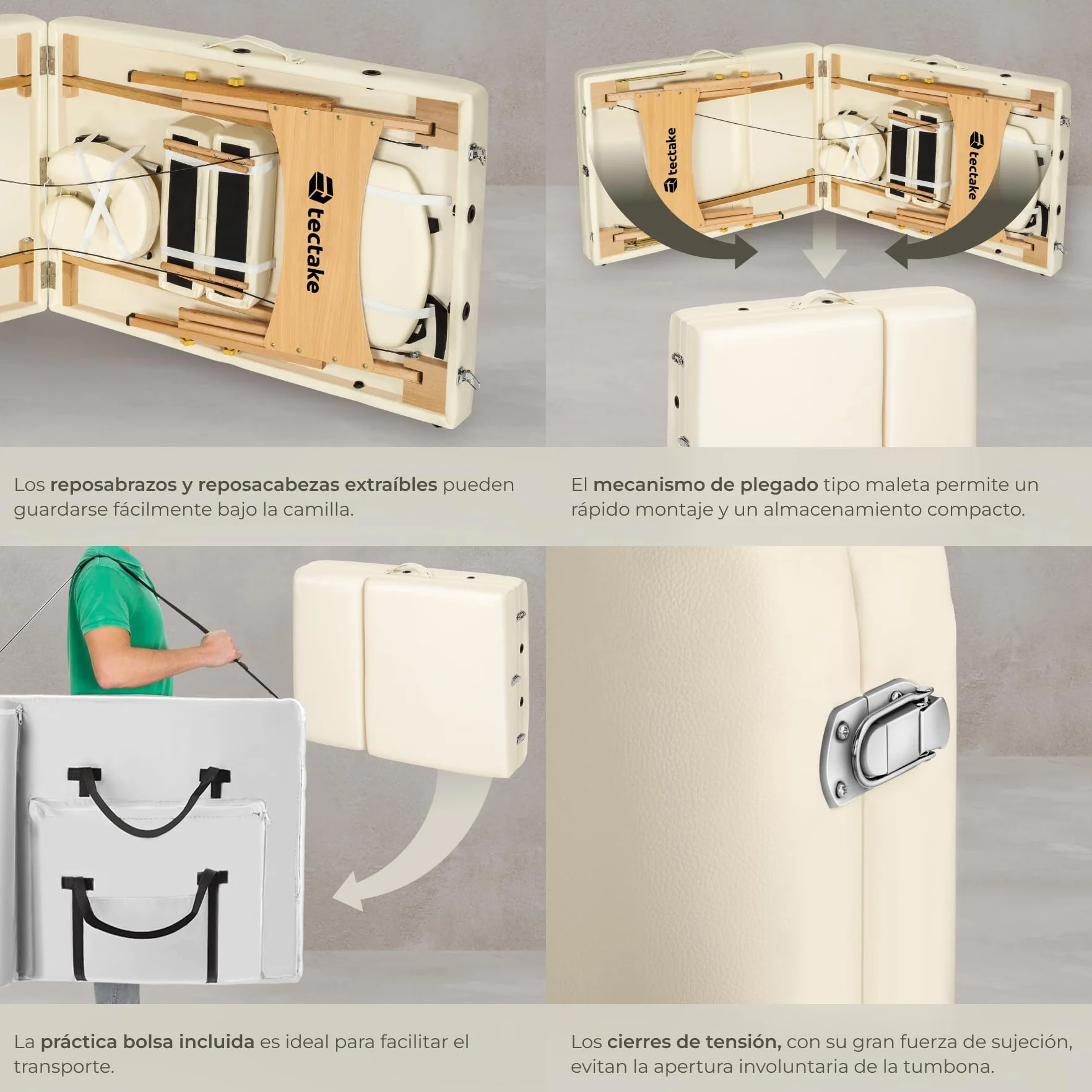 Camilla Masaje Plegable Portátil Ajustable 250kg Acolchado 7,5cm Beige