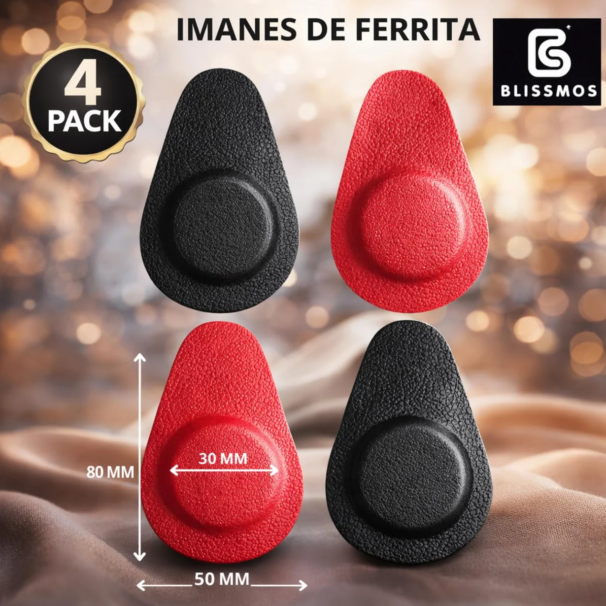Imanes BlissMos® para Biomagnetismo –Pack de 4 Unidades – Elaborados Artesanalmente – Imanes de Ferrita – Forrados en Polipiel Resistente – Ideal para Par Biomagnético y Magnetoterapia – 1000 Gauss