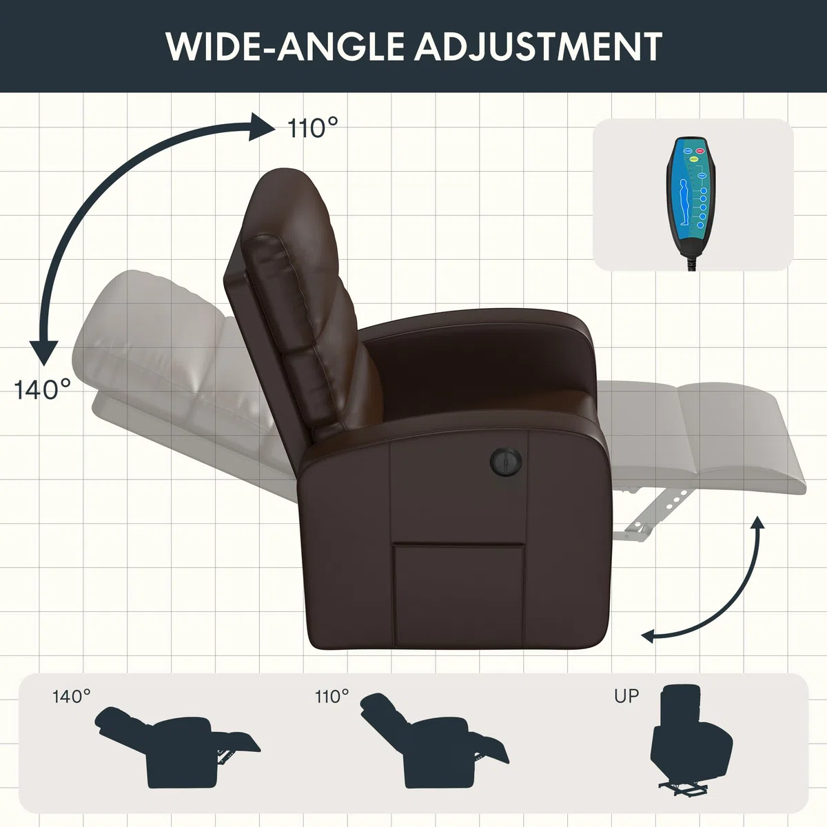 FLEXISPOT Sillón de Masaje Eléctricos Calor Sillón Reclinable 140º con 8 Zonas de Masaje, Calor Lumbar, con USB/Bolsillo Lateral, Acabado en PU Anti-Cuarteo (Incluye Mando)-Marrón