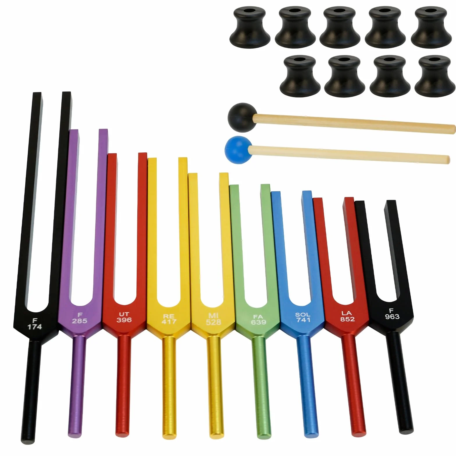 Diapasón Solfeggio, Set de 9 Diapasones de Colores en Aleación de Aluminio con 2 Martillos de Silicona, para Yoga y Relajación (174 Hz, 285 Hz, 396 Hz, 417 Hz, 528 Hz, 639 Hz, 741 Hz, 852 Hz, 963 Hz)