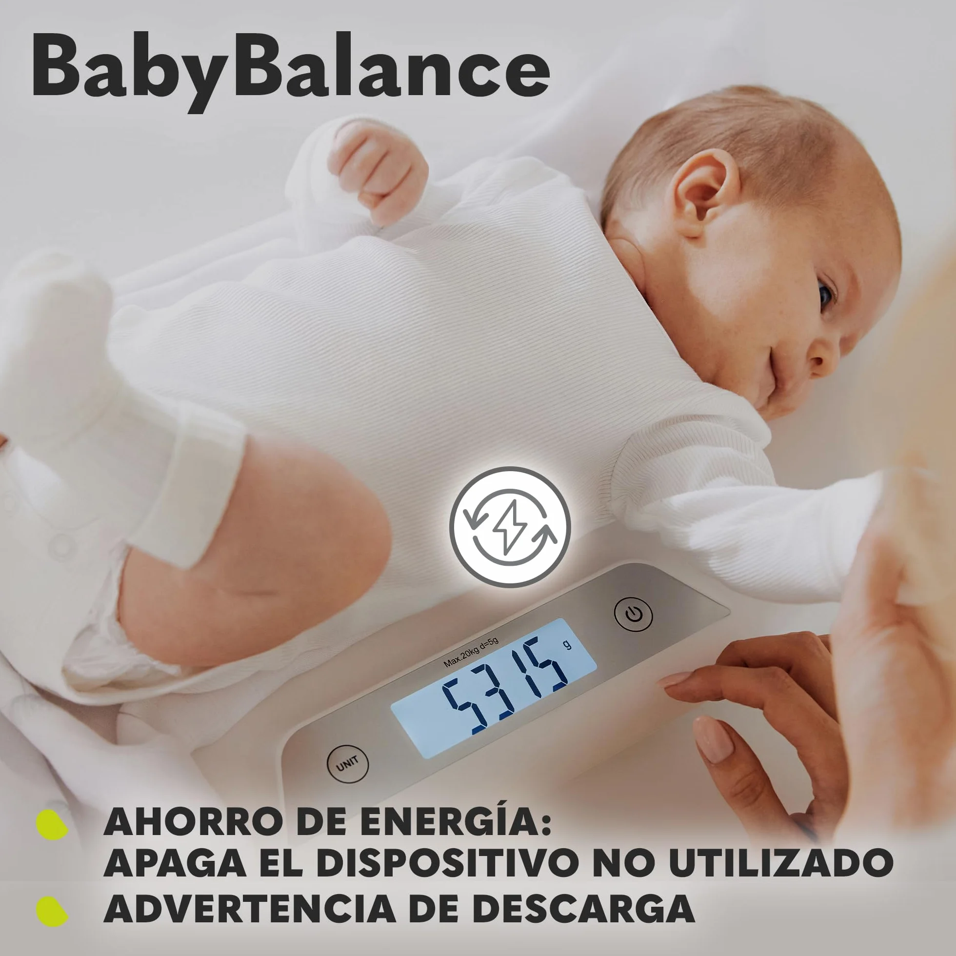 LIONELO BABYBALANCE Báscula electrónica para bebés hasta 20 kg, pantalla grande, pesaje preciso en 5 g