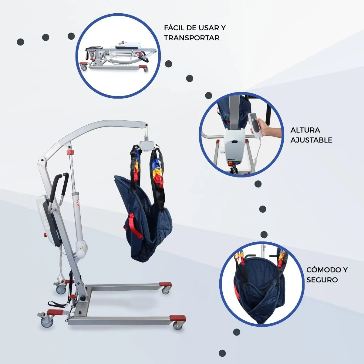 Mobiclinic®, Grúa para Personas Mayores Eléctrica, Plegable, hasta 180 kg, Estructura ya Montada, Incluye Arnés de Transferencia, Ancho Ajustable, Ruedas con Freno, Segura, Acero, Fortuna