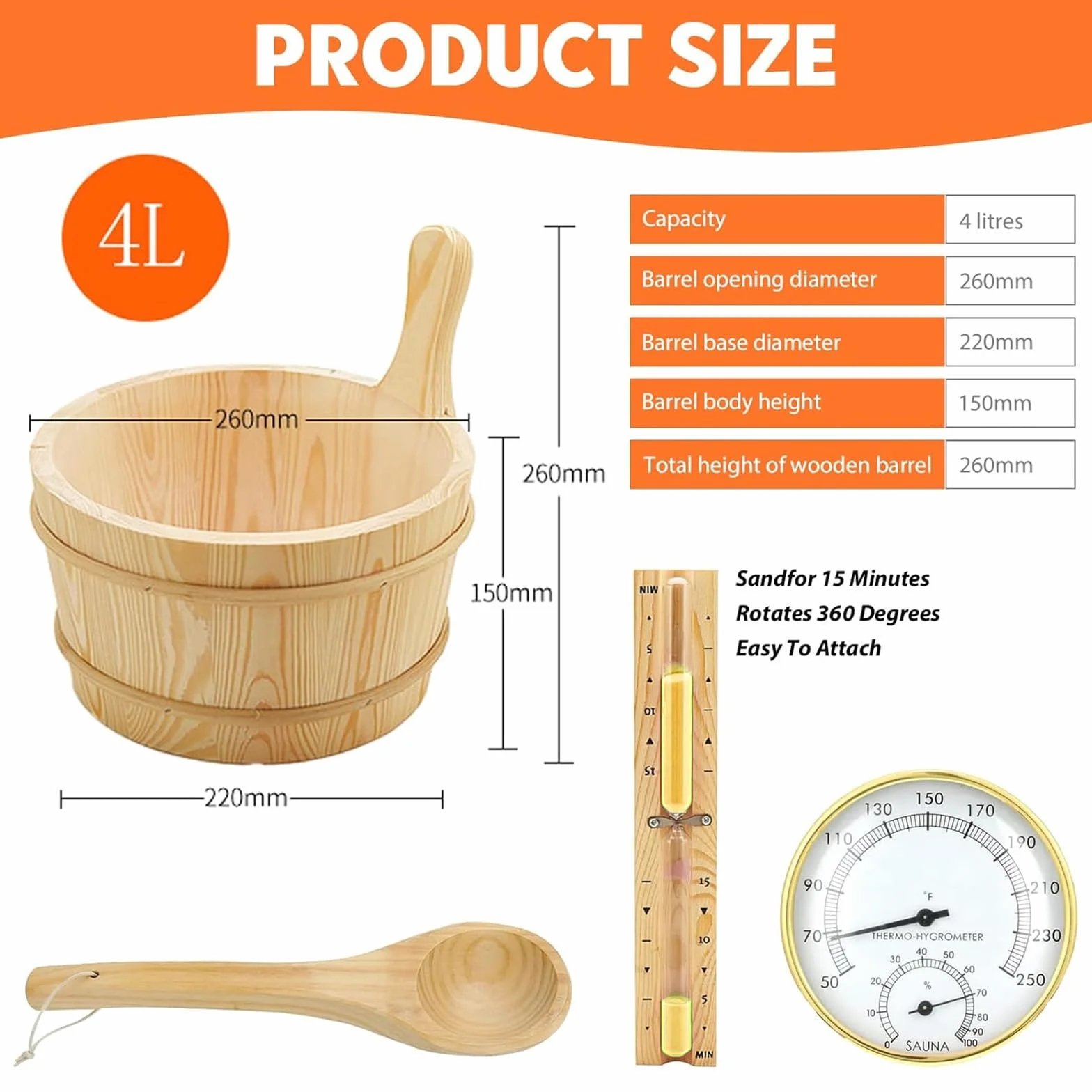 Juego de cubos para sauna (4 litros), cubo de sauna con paleta, cubo de sauna de madera con cucharón, reloj de arena, termo, higrómetro, cubo de sauna resistente al calor, 4 l, incluye inserto