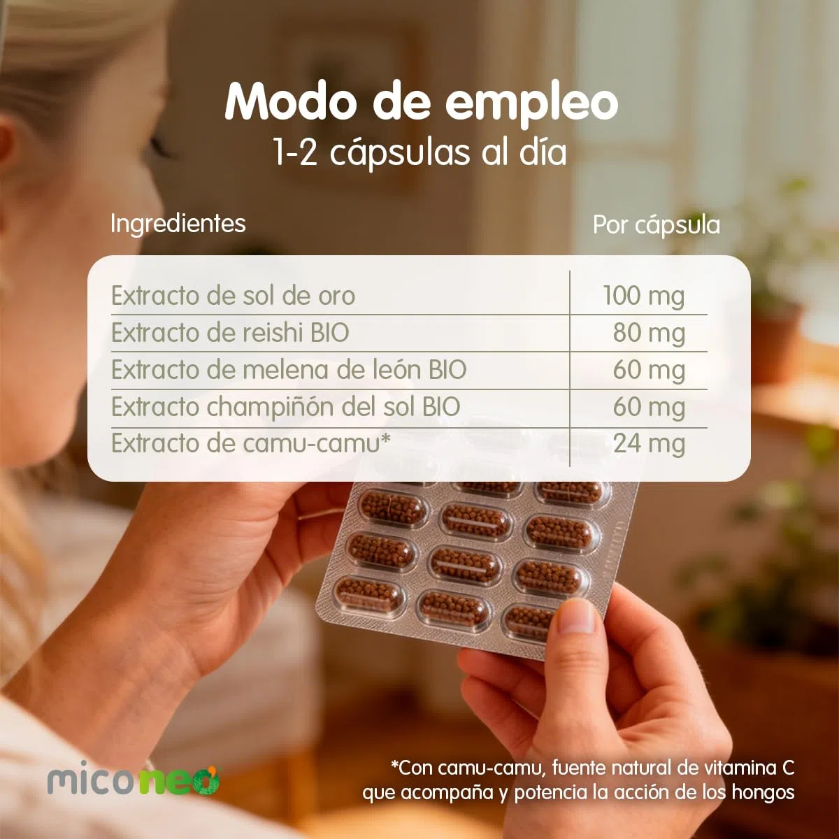 MICO NEO | ALR | 60 Cápsulas | Ayuda contra los Síntomas de Alergias Estacionales | Reduce la Tos | A Base de Sol de Oro, Reishi, Champiñón del Sol, Melena de León y Camu Camu