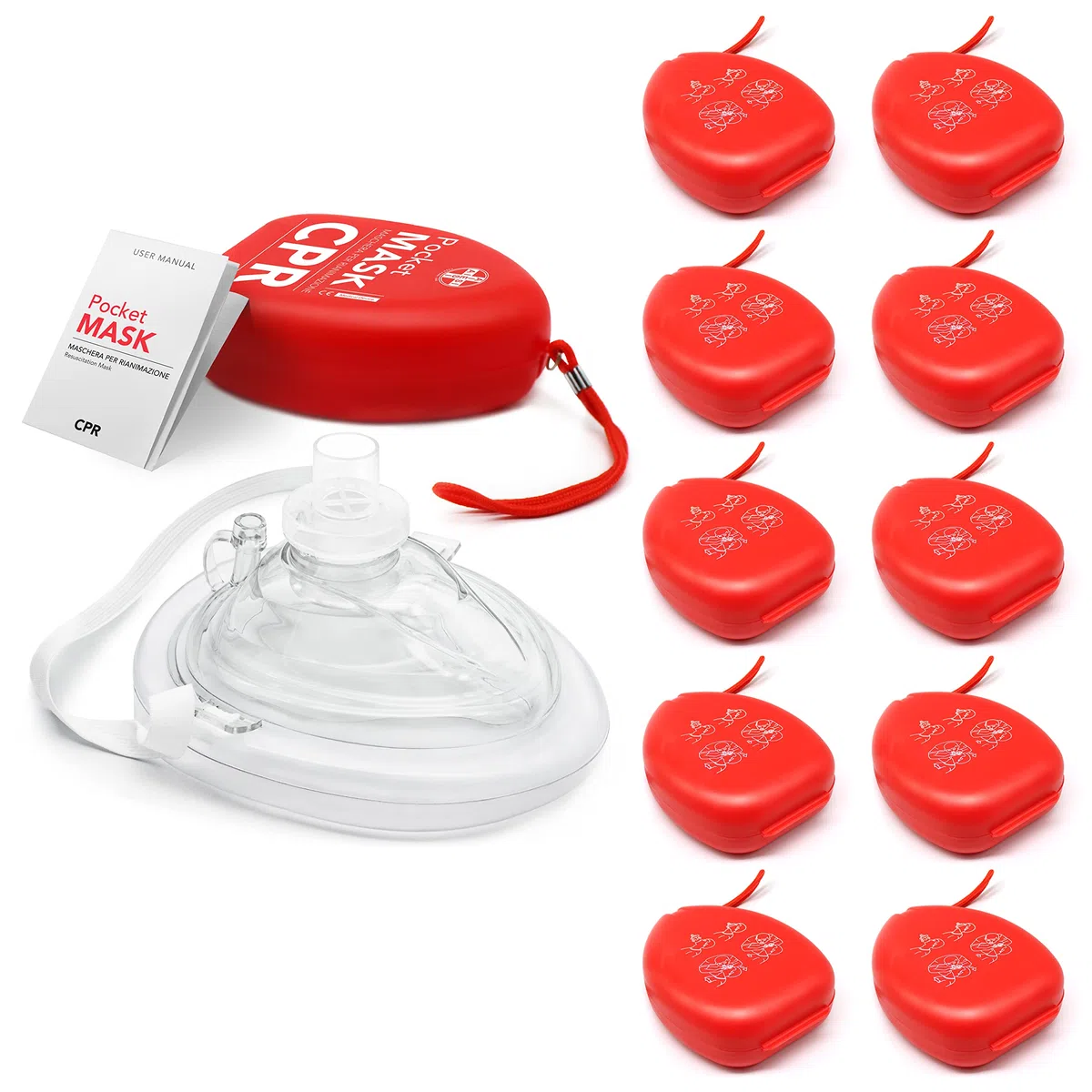 AIESI Pocket Mask Reanimador boca a boca Pack de 10 piezas CPR Mask Resuscitator con válvula unidireccional