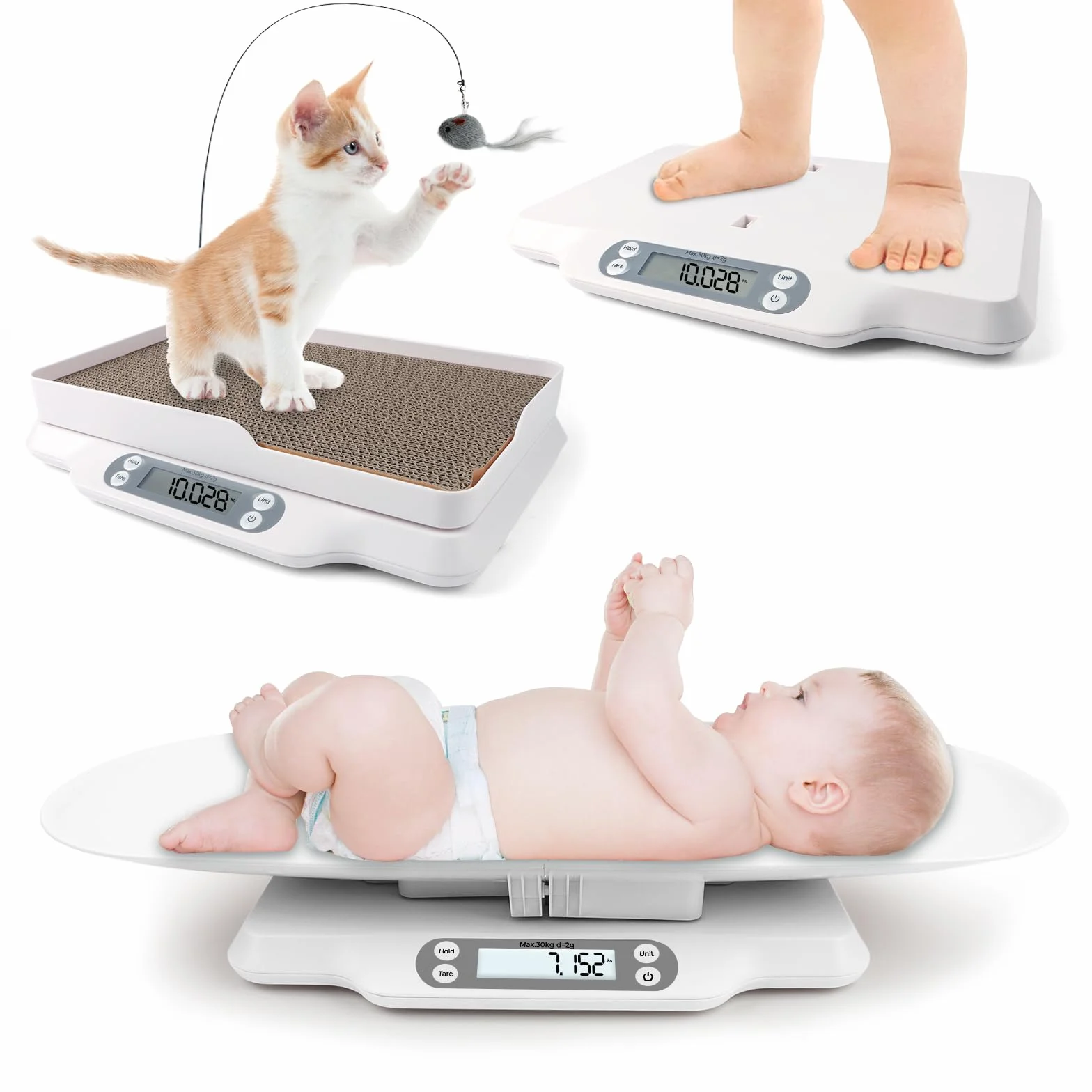 Báscula digital para mascotas con 2 bandejas extraíbles, LCD, 4 modos de pesaje kg/oz/lb/ml
