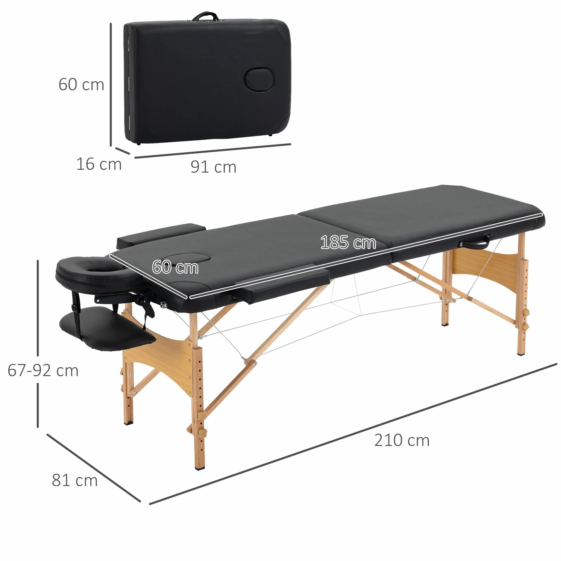 HOMCOM Camilla de Masaje Plegable 210x81 cm Profesional con Reposacabezas Extraíble y Bolsa de Transporte Negro