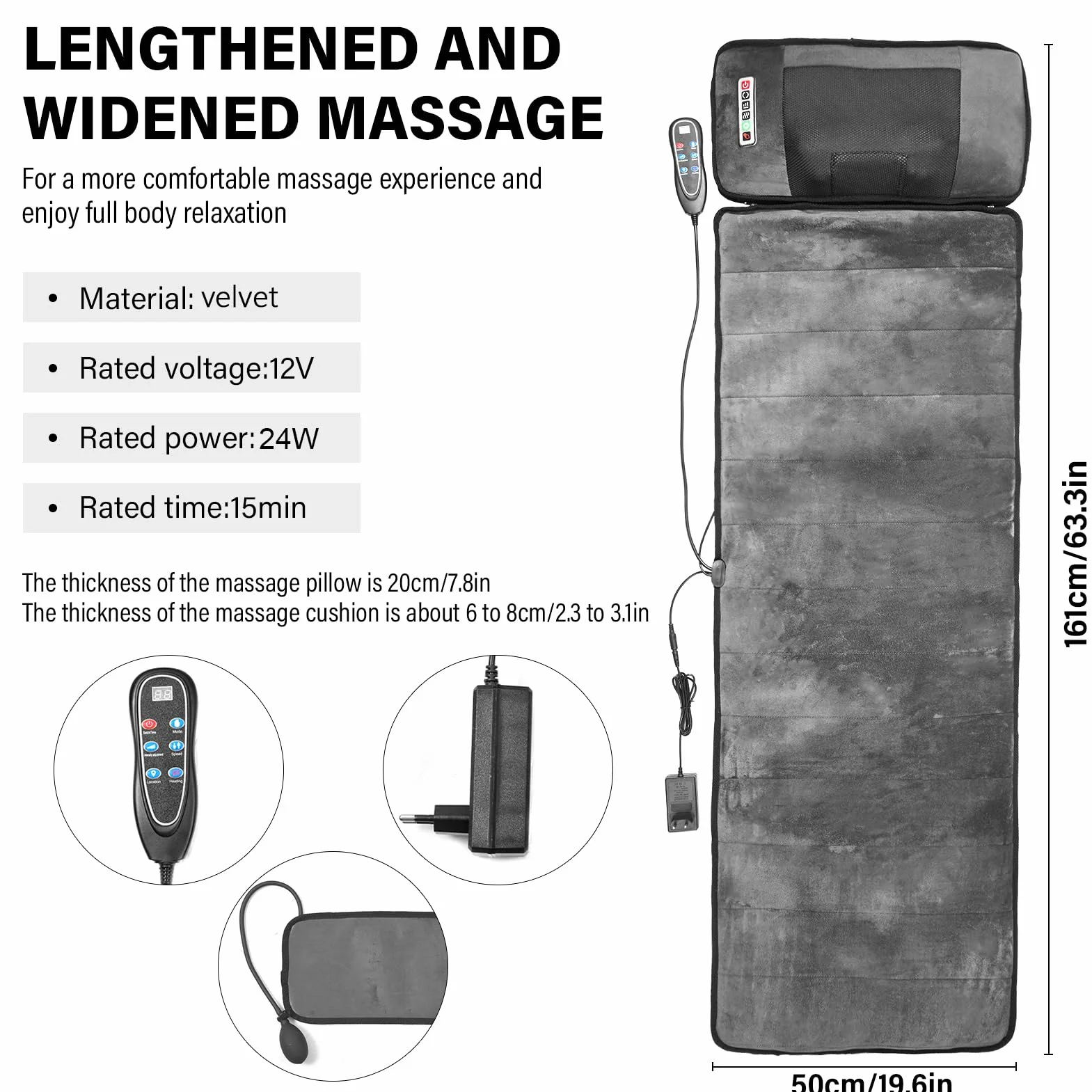 Colchoneta De Masaje De Cuerpo Completo 50x165cm,colchón De Masaje Inteligente De 9 Velocidades Con Cojín Lumbar Inflable Con Control Remoto,masajeador De Espalda De Cuello Hombros Para Aliviar